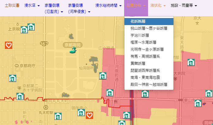 Web版地震ハザードマップの実際の画面の様子