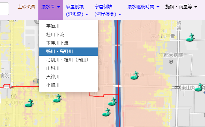 Web版水害ハザードマップの実際の画面の様子